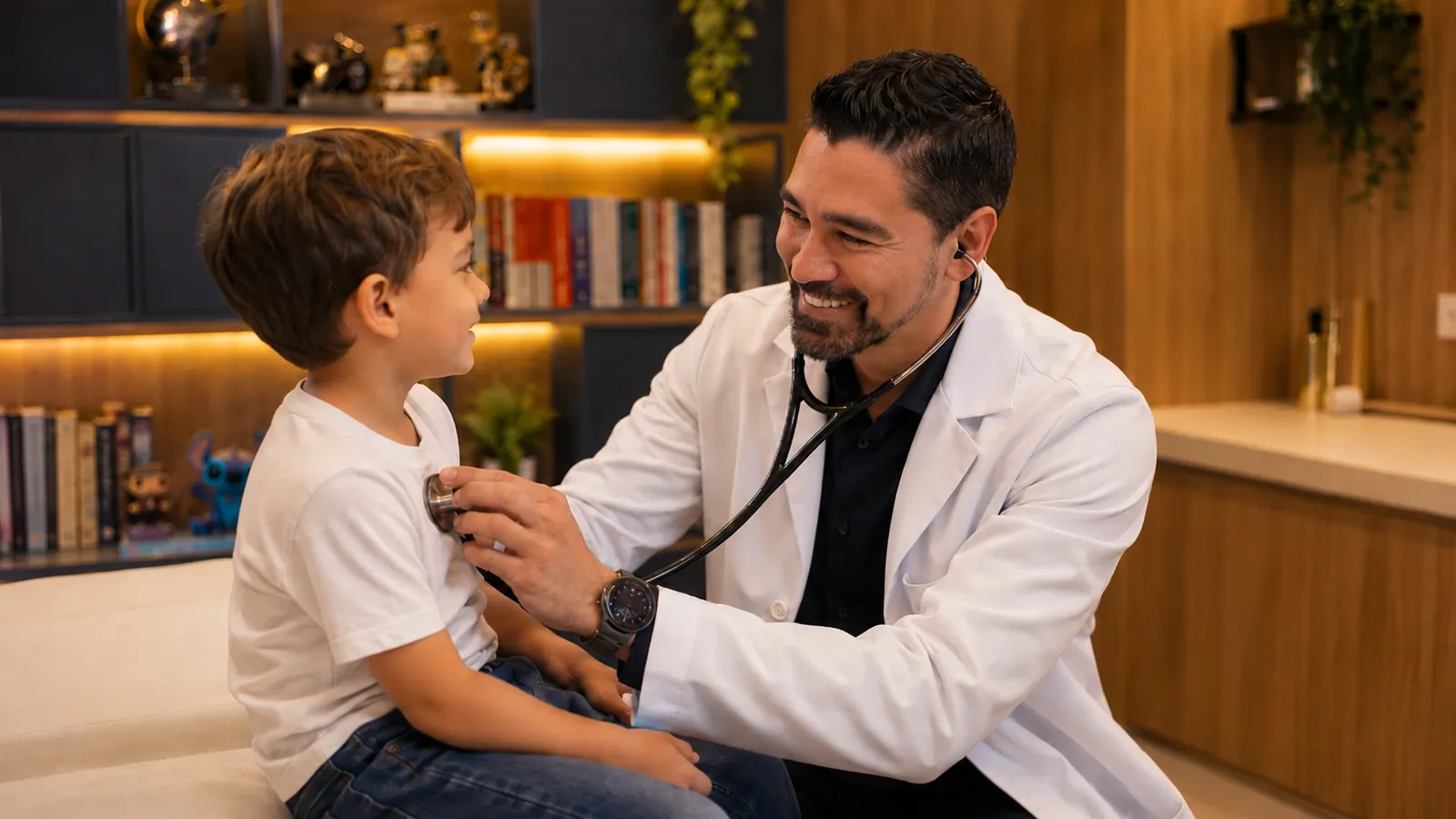 Dr. Carlos Renato atendendo uma criança com estetoscópio